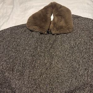 Faux Fur Collar and Lined Tweed Poncho with Glitter Detail